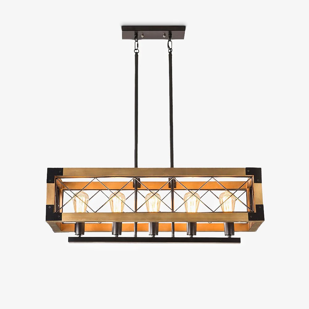 Linear Wood and Black Metal Kitchen Island Chandelier, 5-Light Modern Farmhouse Pendant