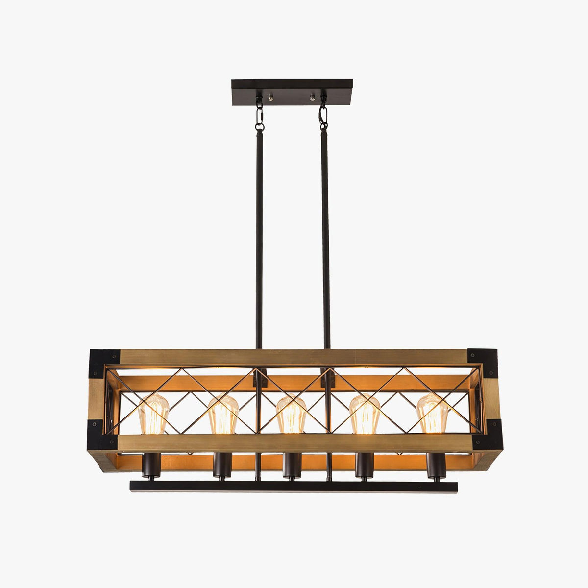 Linear Wood and Black Metal Kitchen Island Chandelier, 5-Light Modern Farmhouse Pendant
