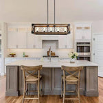Linear Wood and Black Metal Kitchen Island Chandelier, 5-Light Modern Farmhouse Pendant