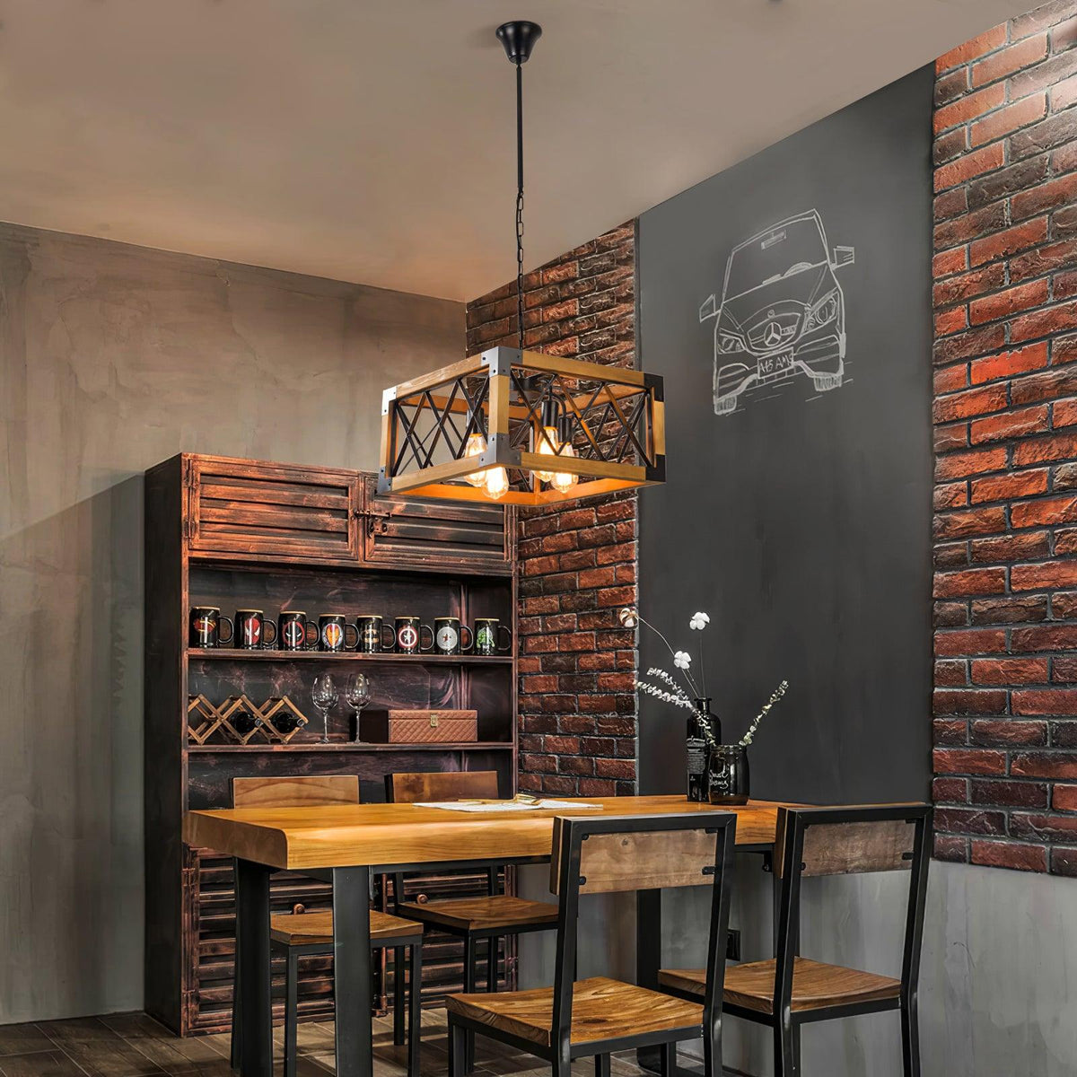 Linear Wood and Black Metal Kitchen Island Chandelier, 5-Light Modern Farmhouse Pendant