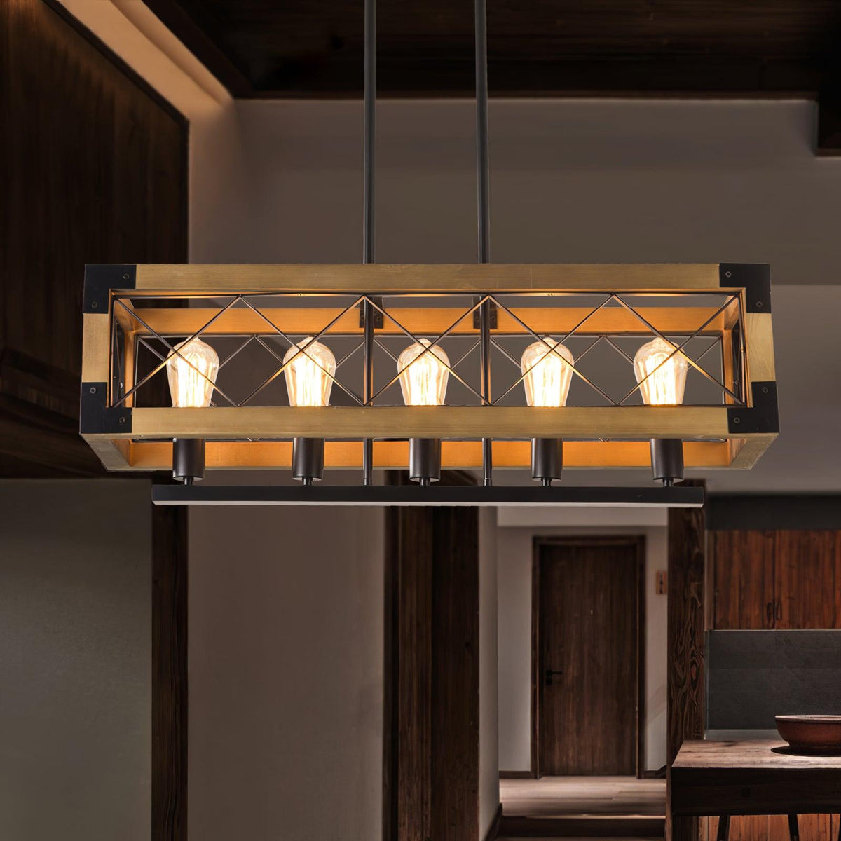 Linear Wood and Black Metal Kitchen Island Chandelier, 5-Light Modern Farmhouse Pendant
