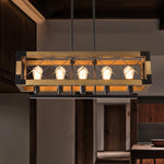 Linear Wood and Black Metal Kitchen Island Chandelier, 5-Light Modern Farmhouse Pendant