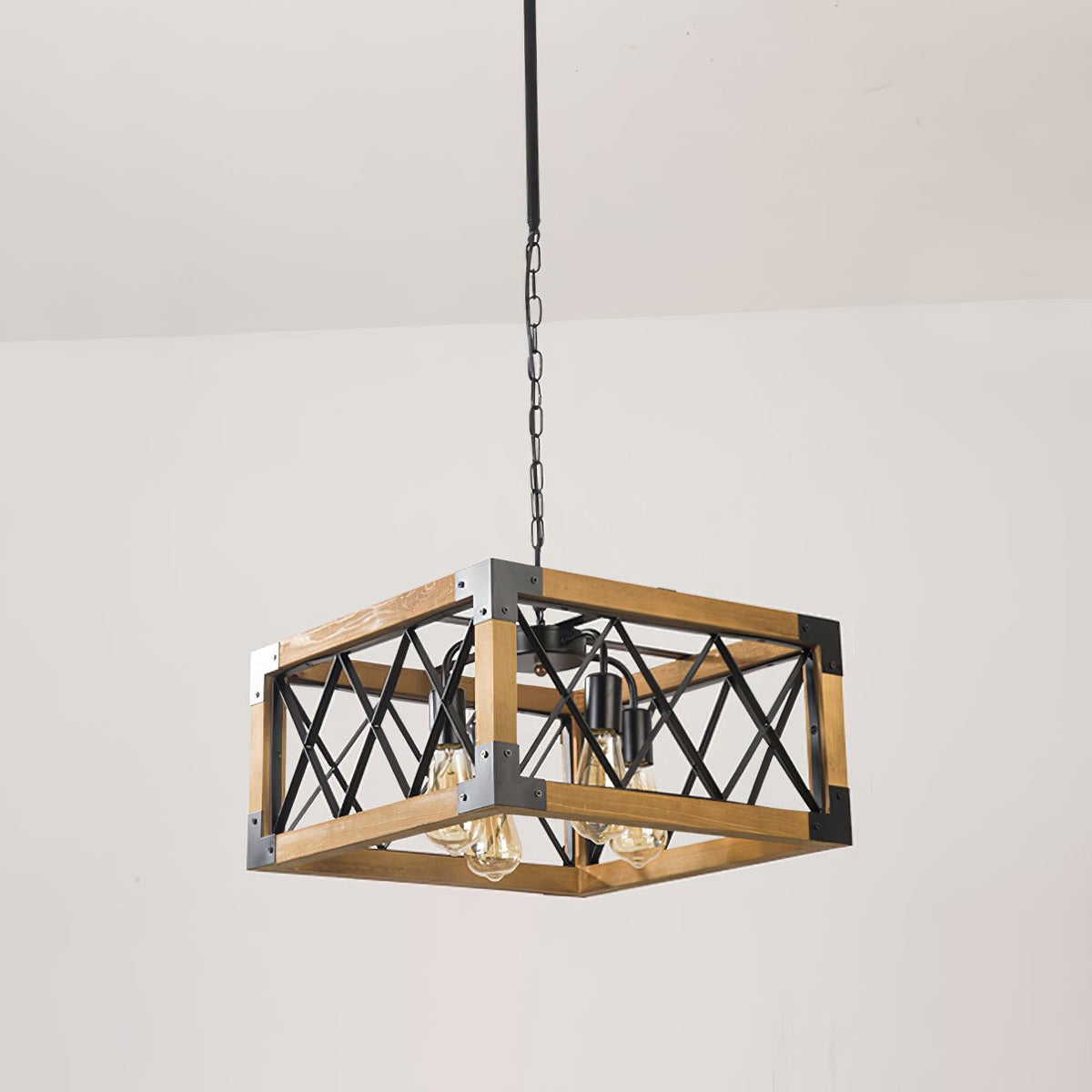 Linear Wood and Black Metal Kitchen Island Chandelier, 5-Light Modern Farmhouse Pendant