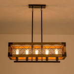 Linear Wood and Black Metal Kitchen Island Chandelier, 5-Light Modern Farmhouse Pendant