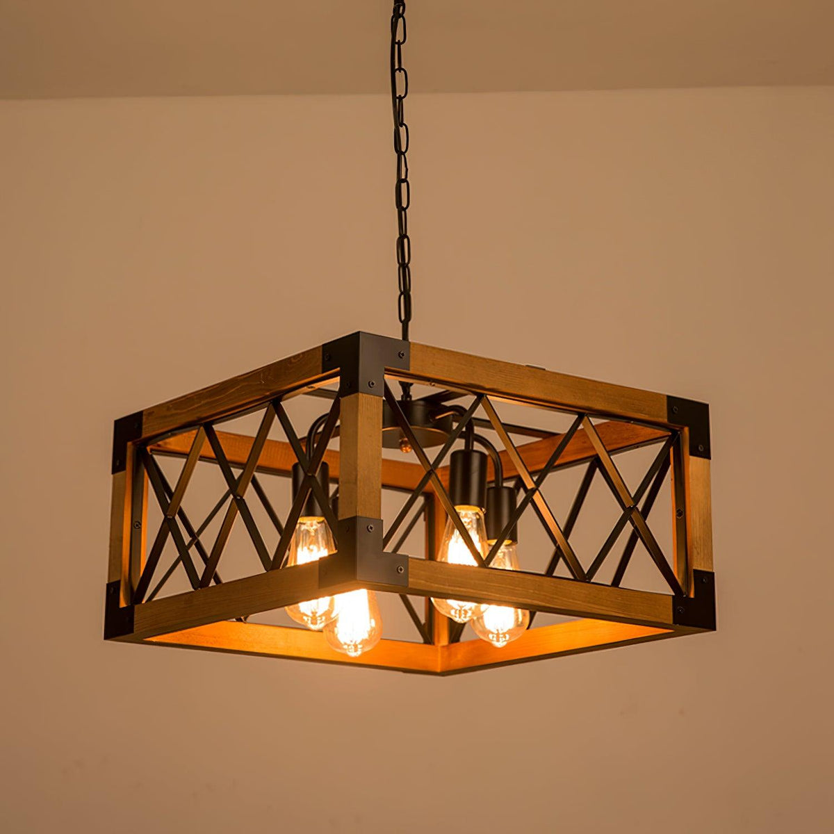 Linear Wood and Black Metal Kitchen Island Chandelier, 5-Light Modern Farmhouse Pendant