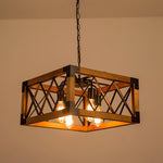 Linear Wood and Black Metal Kitchen Island Chandelier, 5-Light Modern Farmhouse Pendant
