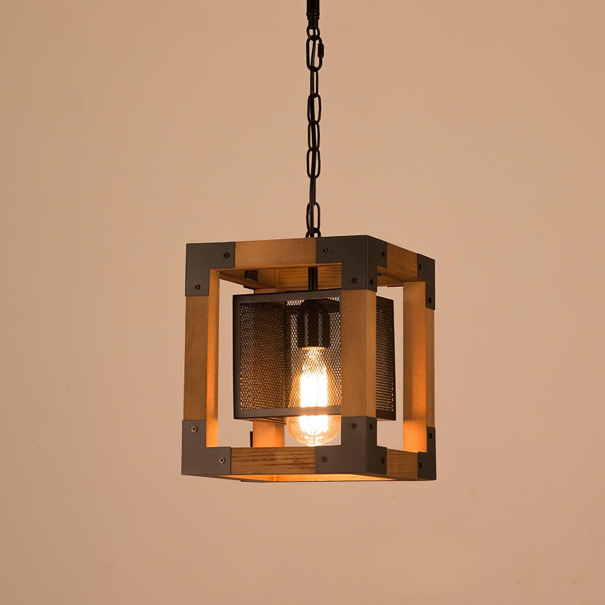 Linear Wood and Black Metal Kitchen Island Chandelier, 5-Light Modern Farmhouse Pendant