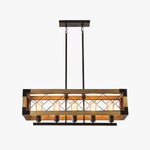 Linear Wood and Black Metal Kitchen Island Chandelier, 5-Light Modern Farmhouse Pendant