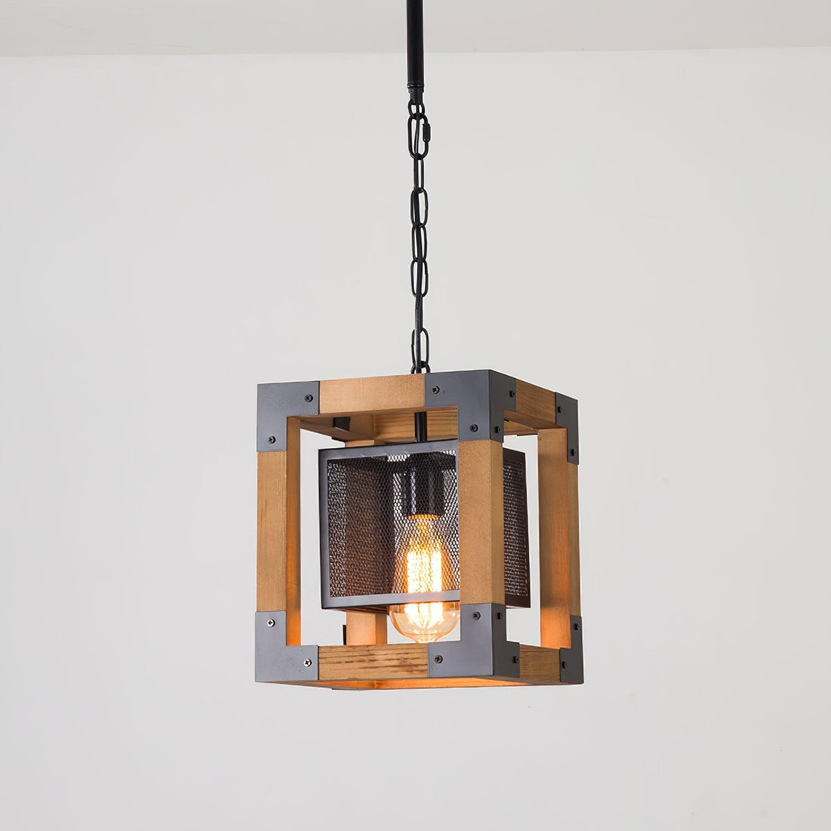Linear Wood and Black Metal Kitchen Island Chandelier, 5-Light Modern Farmhouse Pendant