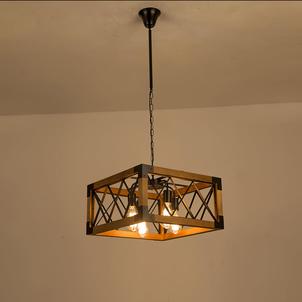 Linear Wood and Black Metal Kitchen Island Chandelier, 5-Light Modern Farmhouse Pendant