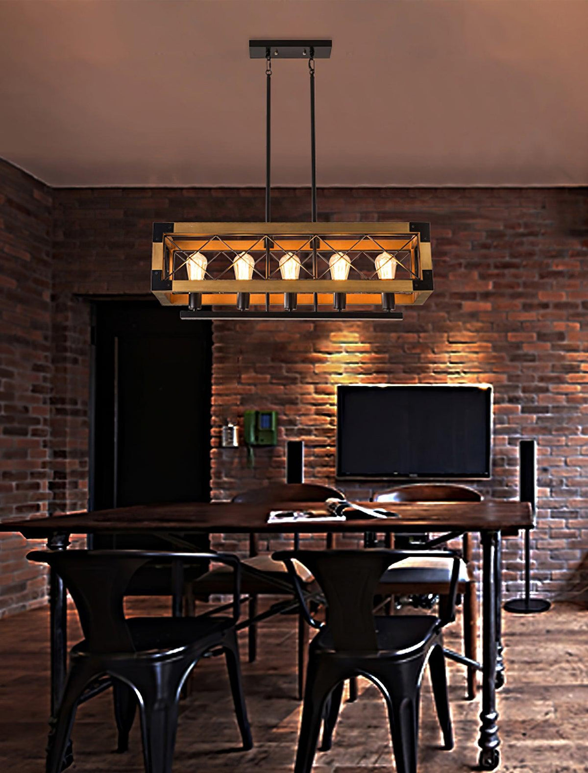 Linear Wood and Black Metal Kitchen Island Chandelier, 5-Light Modern Farmhouse Pendant