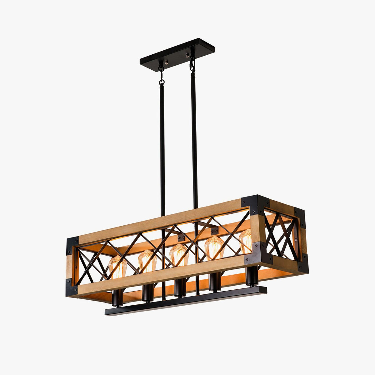 Linear Wood and Black Metal Kitchen Island Chandelier, 5-Light Modern Farmhouse Pendant