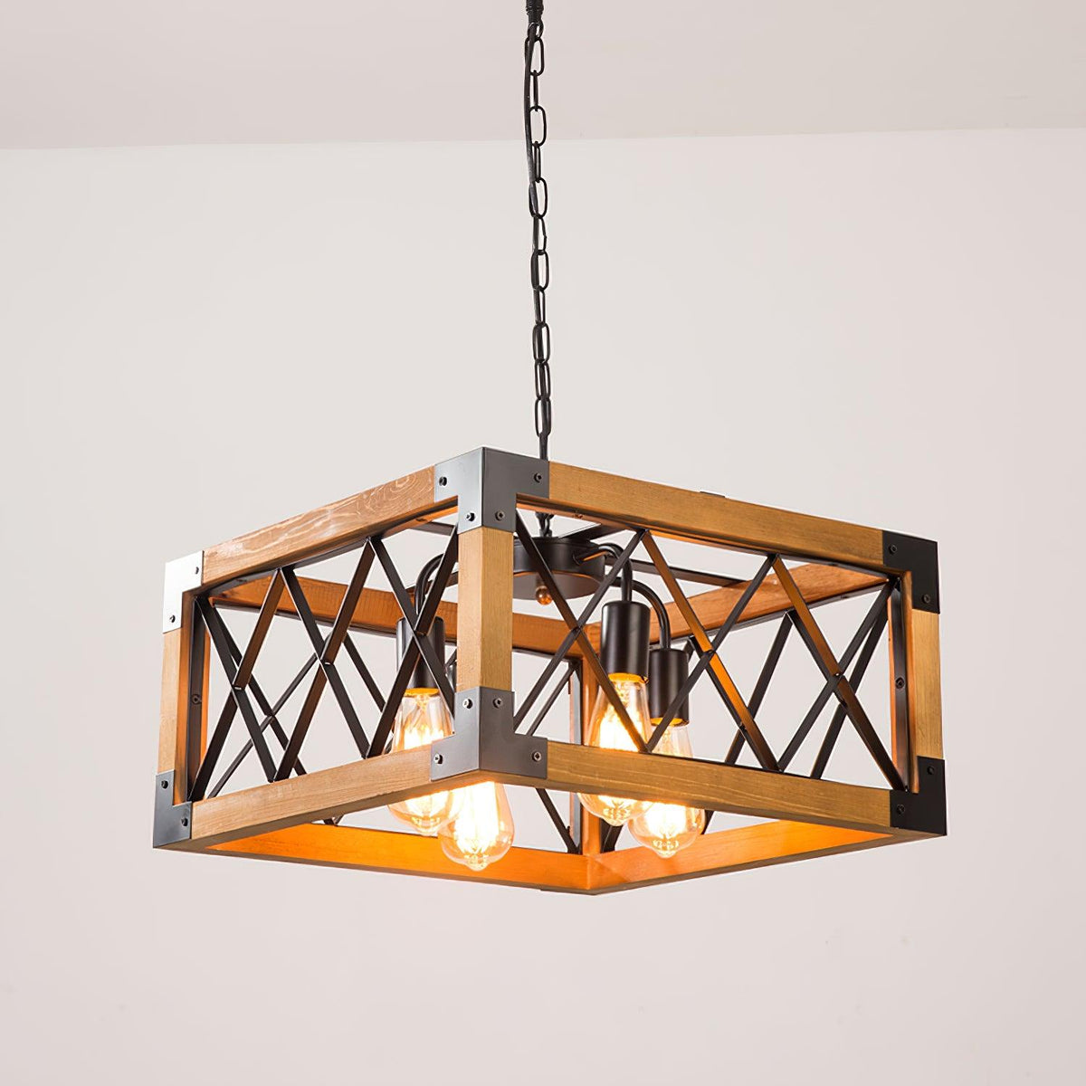 Linear Wood and Black Metal Kitchen Island Chandelier, 5-Light Modern Farmhouse Pendant