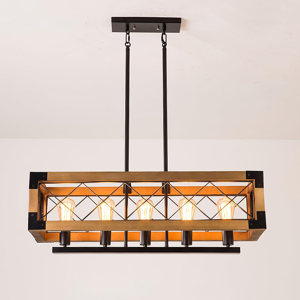 Linear Wood and Black Metal Kitchen Island Chandelier, 5-Light Modern Farmhouse Pendant