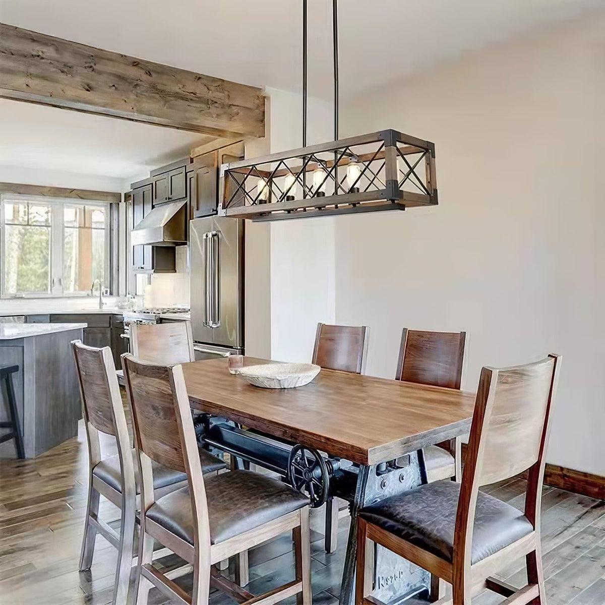 Linear Wood and Black Metal Kitchen Island Chandelier, 5-Light Modern Farmhouse Pendant