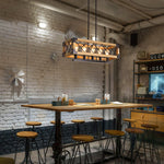 Linear Wood and Black Metal Kitchen Island Chandelier, 5-Light Modern Farmhouse Pendant