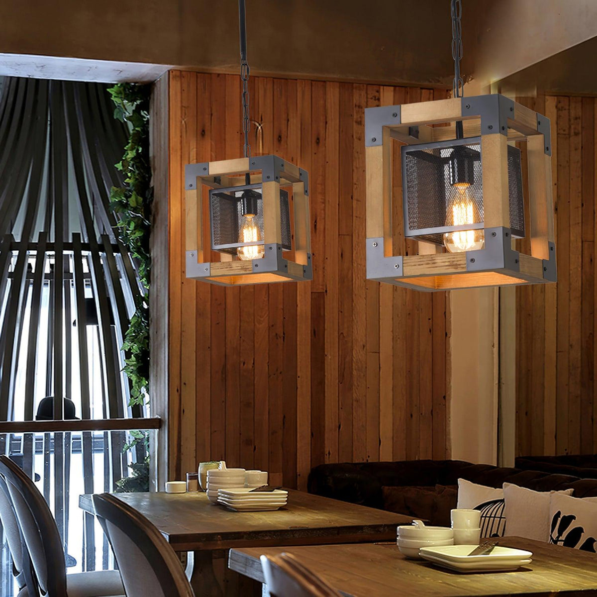 Linear Wood and Black Metal Kitchen Island Chandelier, 5-Light Modern Farmhouse Pendant