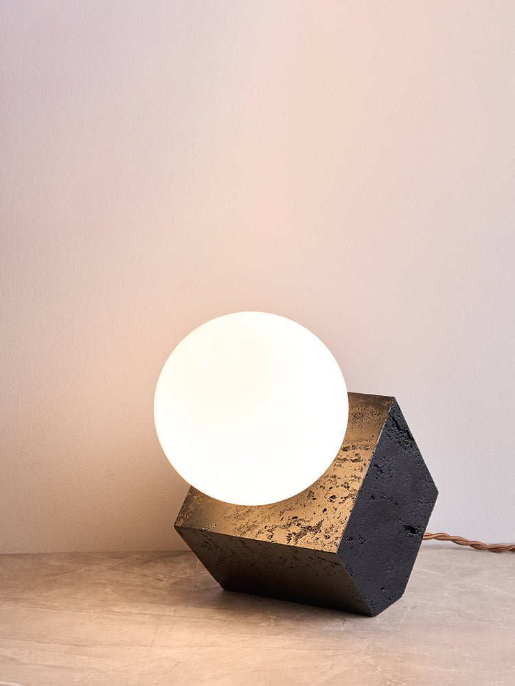 Kryden Sculptural Table Lamp in Black Travertine with Glass Globe
