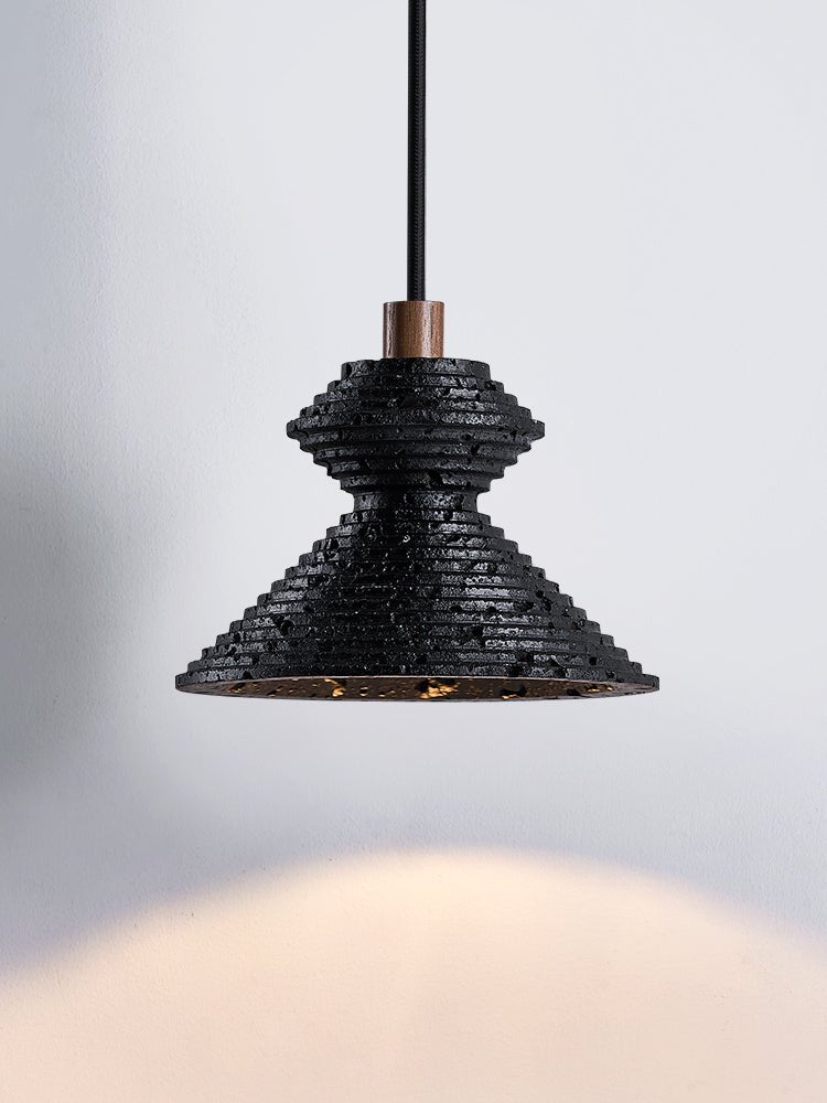 Kryos Texture Pendant Light in Black Travertine with Walnut Accent