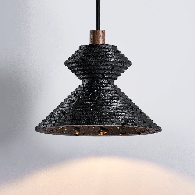 Kryos Texture Pendant Light in Black Travertine with Walnut Accent
