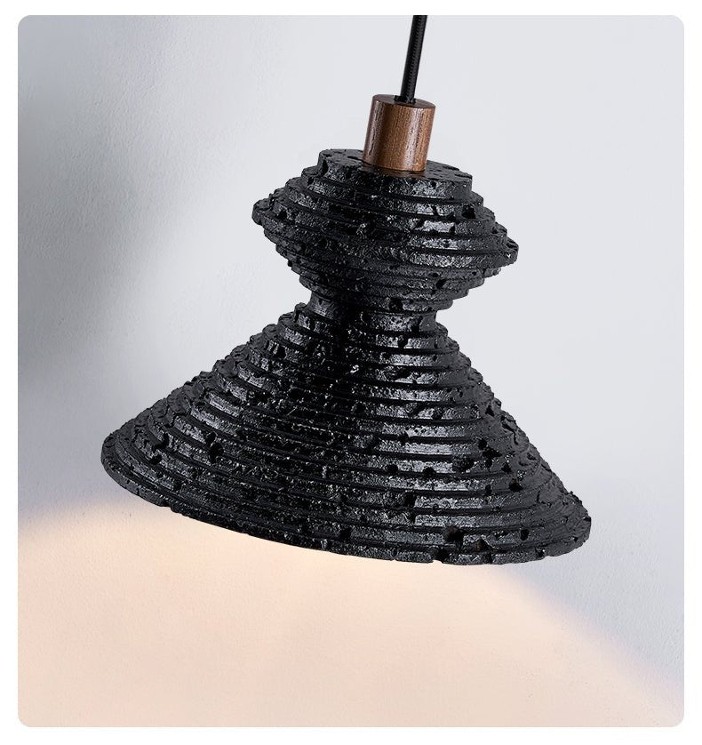 Kryos Texture Pendant Light in Black Travertine with Walnut Accent