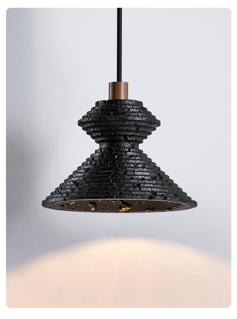 Kryos Texture Pendant Light in Black Travertine with Walnut Accent