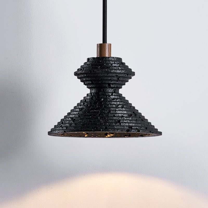 Kryos Texture Pendant Light in Black Travertine with Walnut Accent