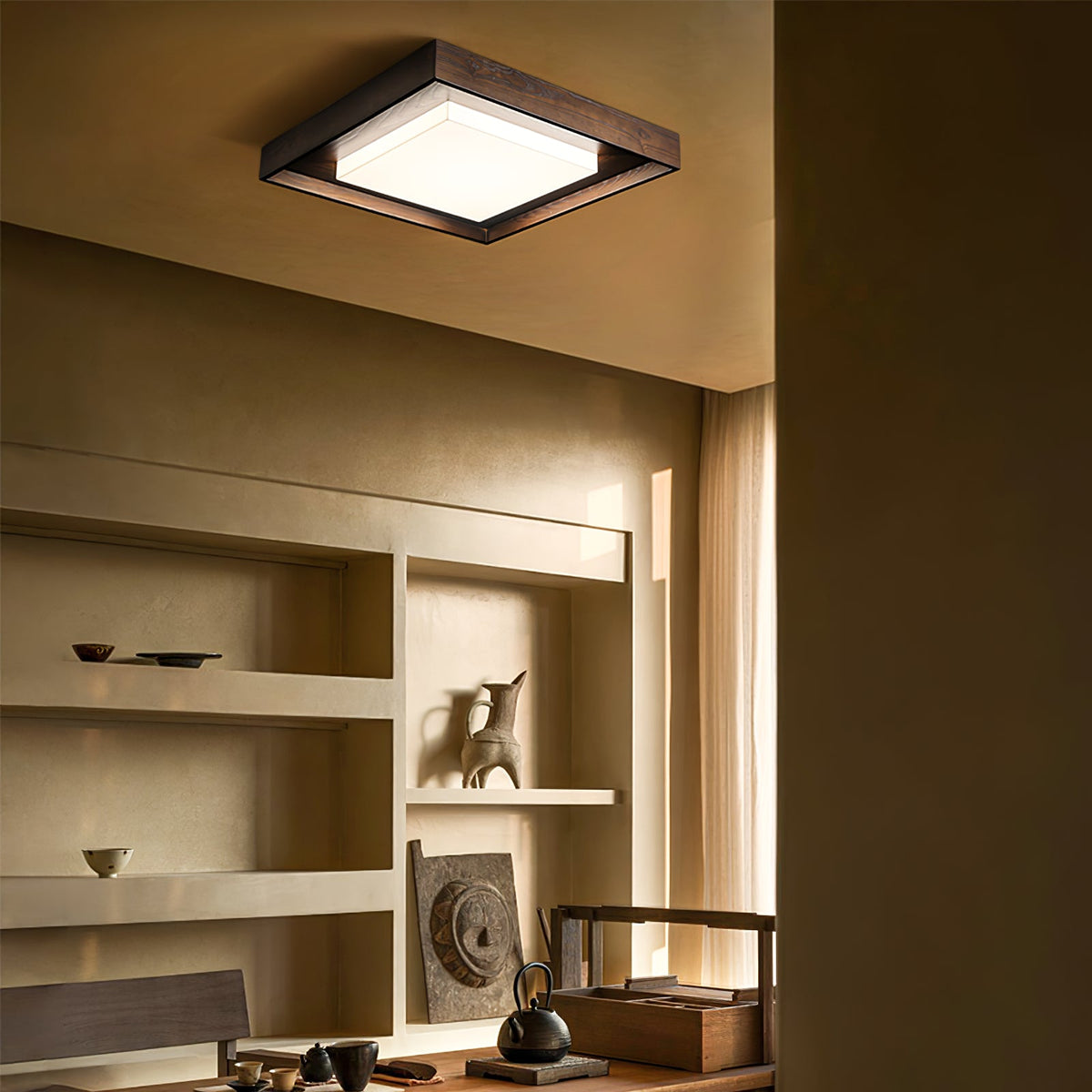 Kurin Wood Frame Ceiling Light – Modern Flush Mount LED for Bedroom, Dining, Living Room