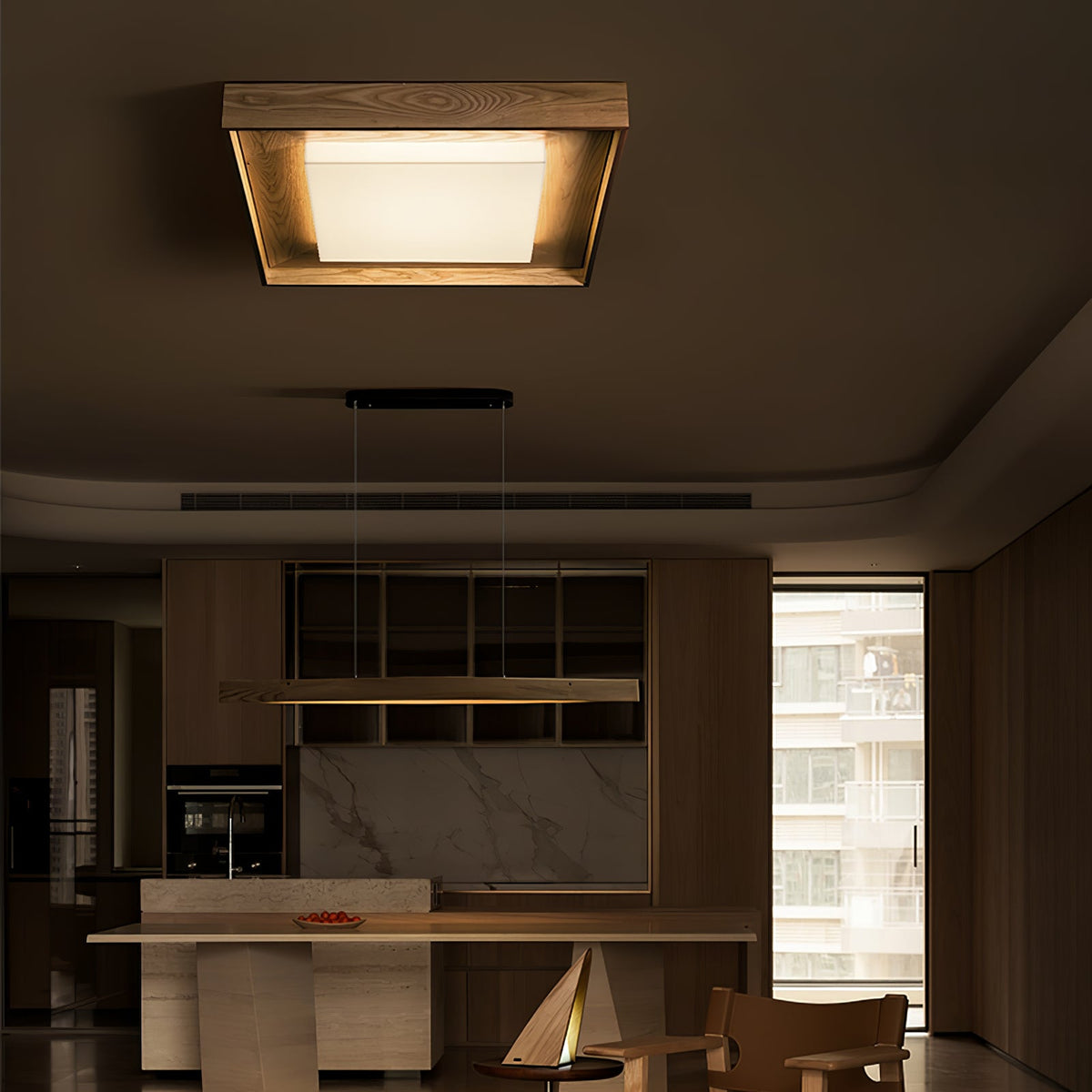 Kurin Wood Frame Ceiling Light – Modern Flush Mount LED for Bedroom, Dining, Living Room