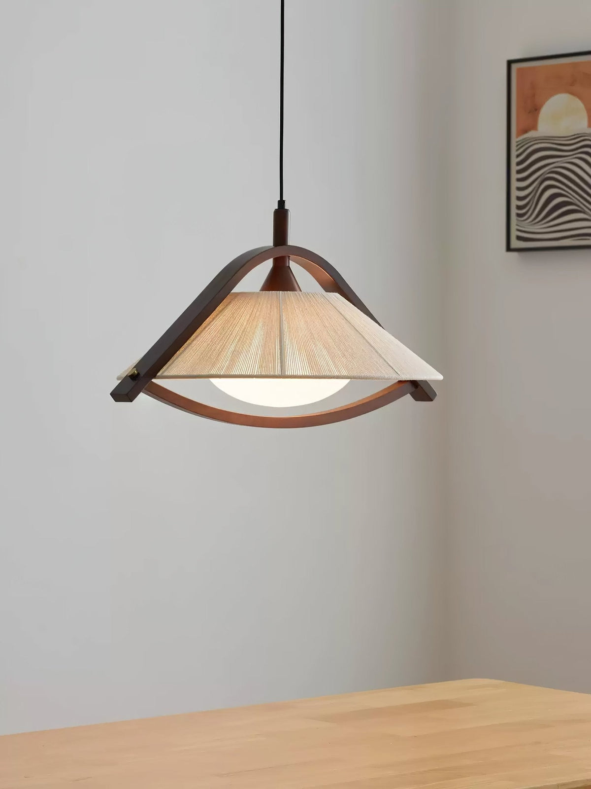 Kyomi Arch Pendant Light – Modern Wood & Fabric Hanging Lamp for Dining and Living Rooms
