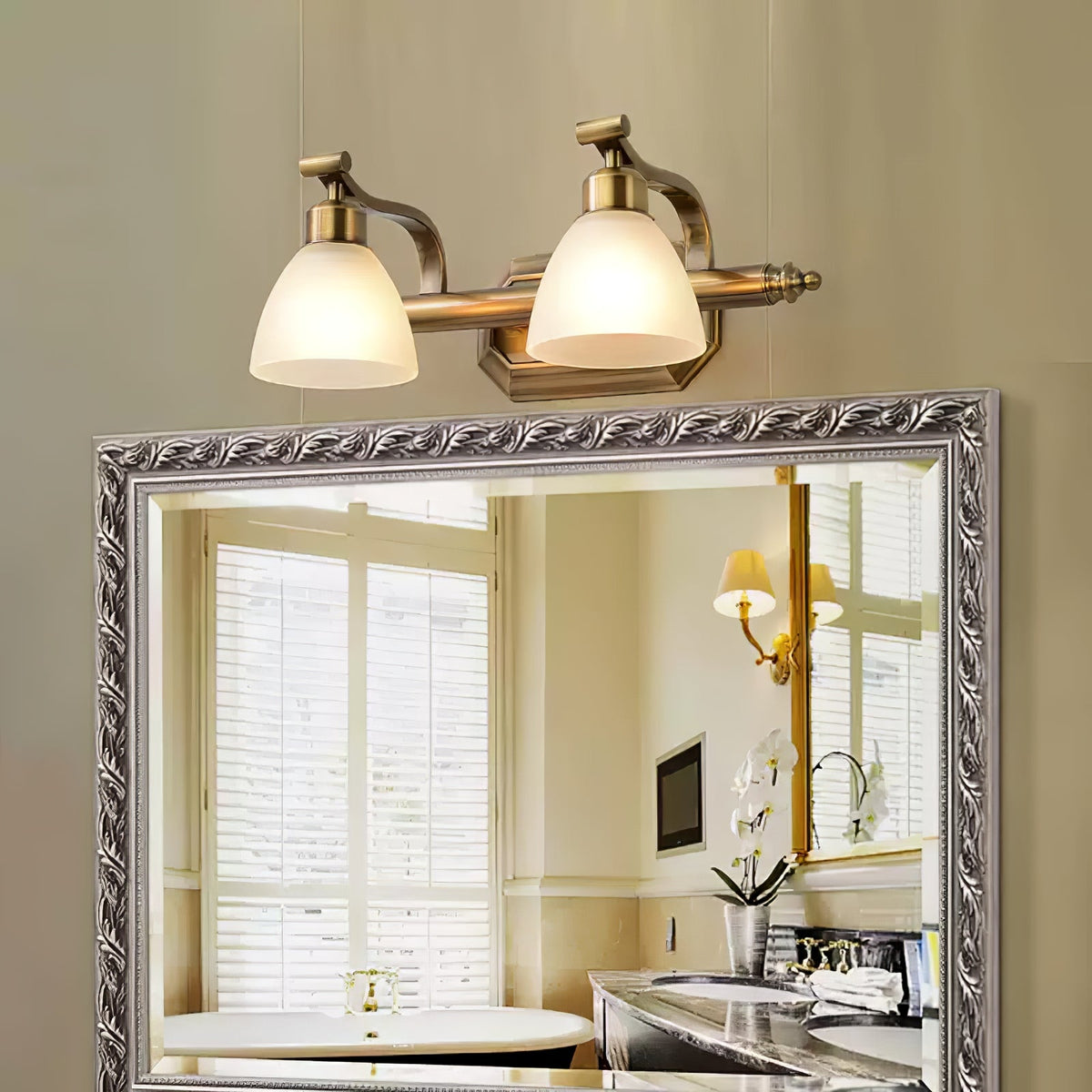 Lana Classic Four-Light Brass Bathroom Wall Sconce in Frosted Glass
