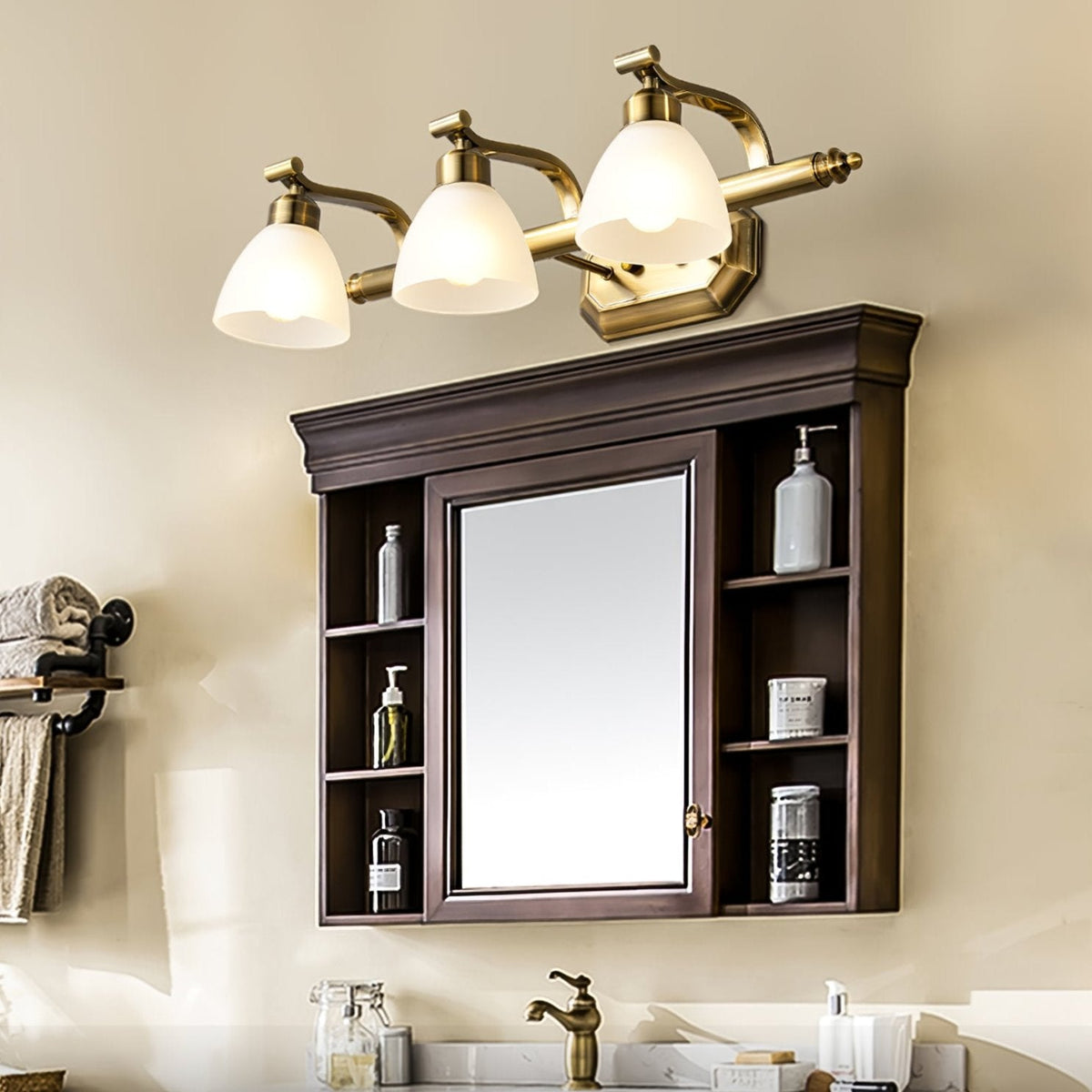 Lana Classic Four-Light Brass Bathroom Wall Sconce in Frosted Glass