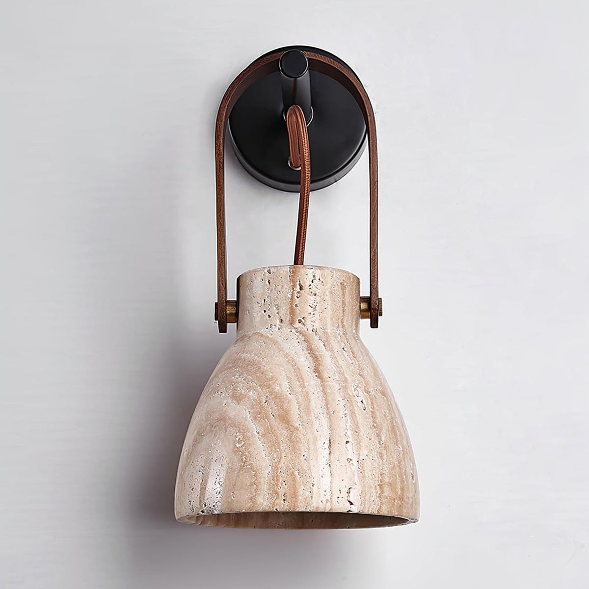 Lanta Arc Stone Wall Sconce in Travertine and Wood