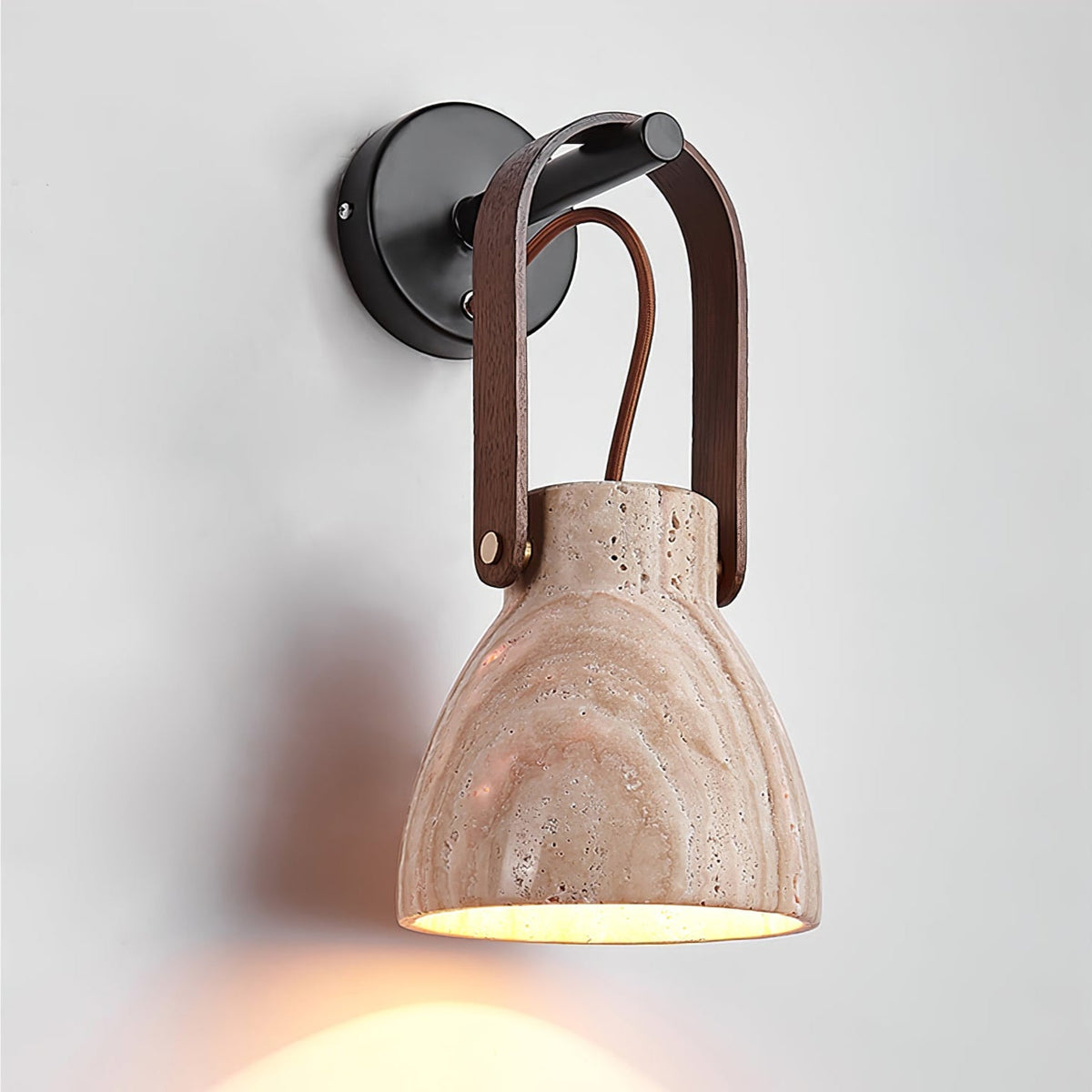 Lanta Arc Stone Wall Sconce in Travertine and Wood