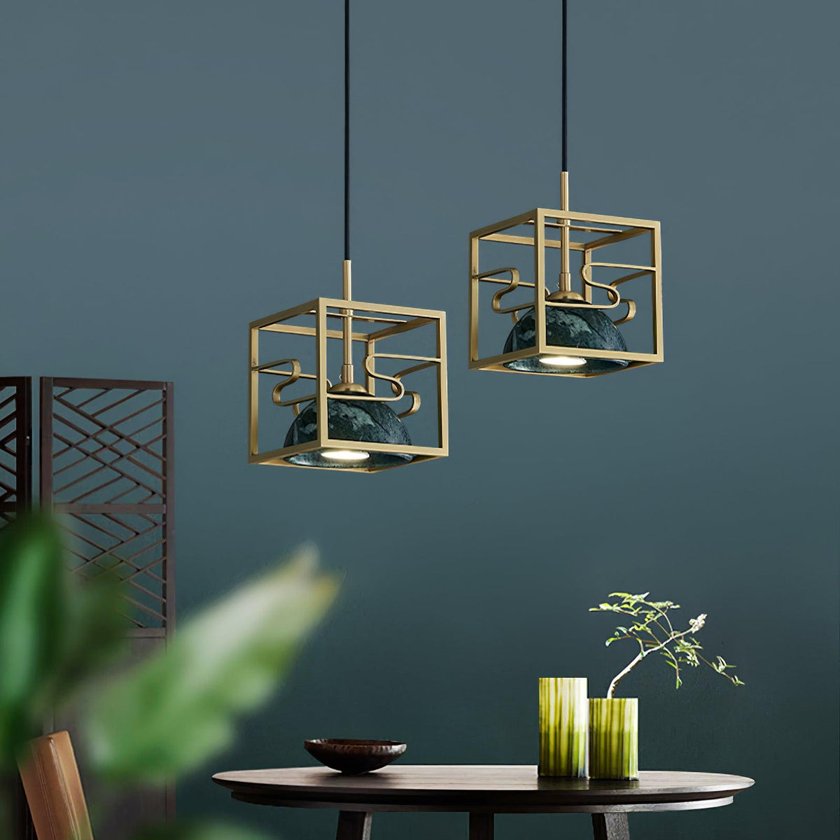 Lantern Square Brass and Marble Pendant Light for Modern Interiors