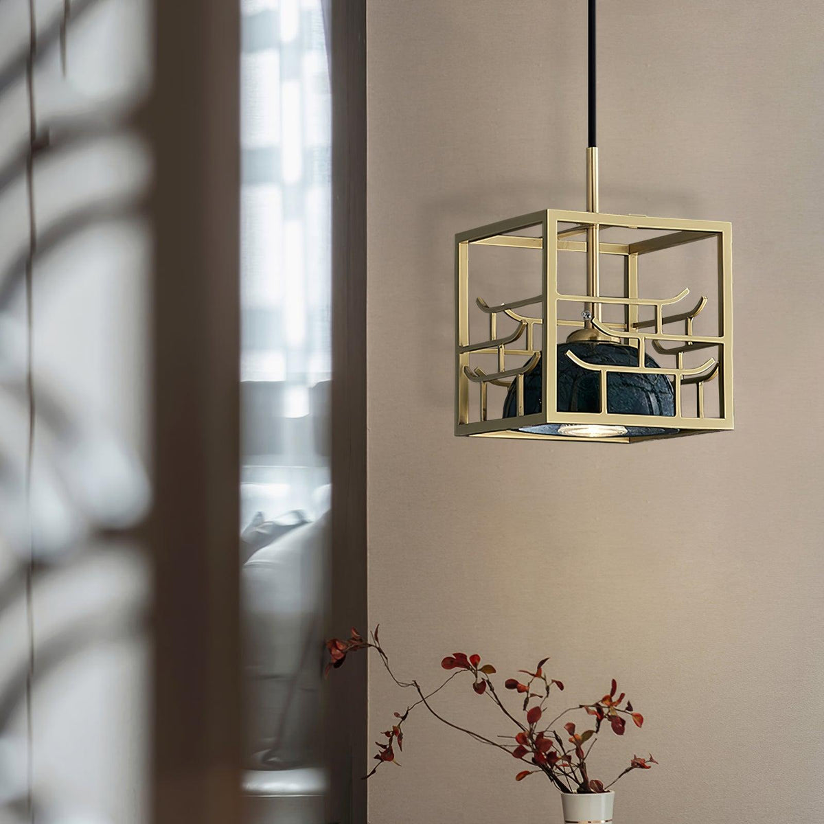 Lantern Square Brass and Marble Pendant Light for Modern Interiors