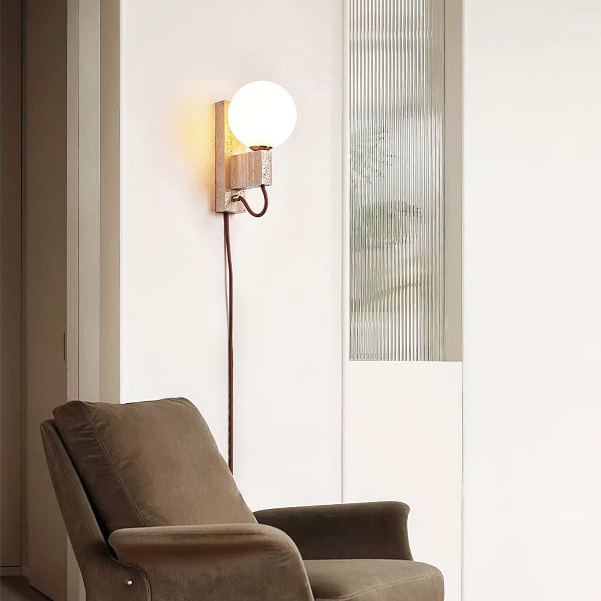 Atlas Globe Wall Sconce in Travertine and Opal Glass
