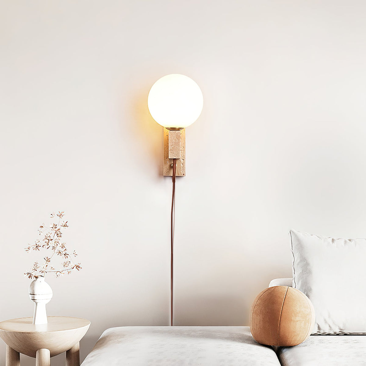 Atlas Globe Wall Sconce in Travertine and Opal Glass