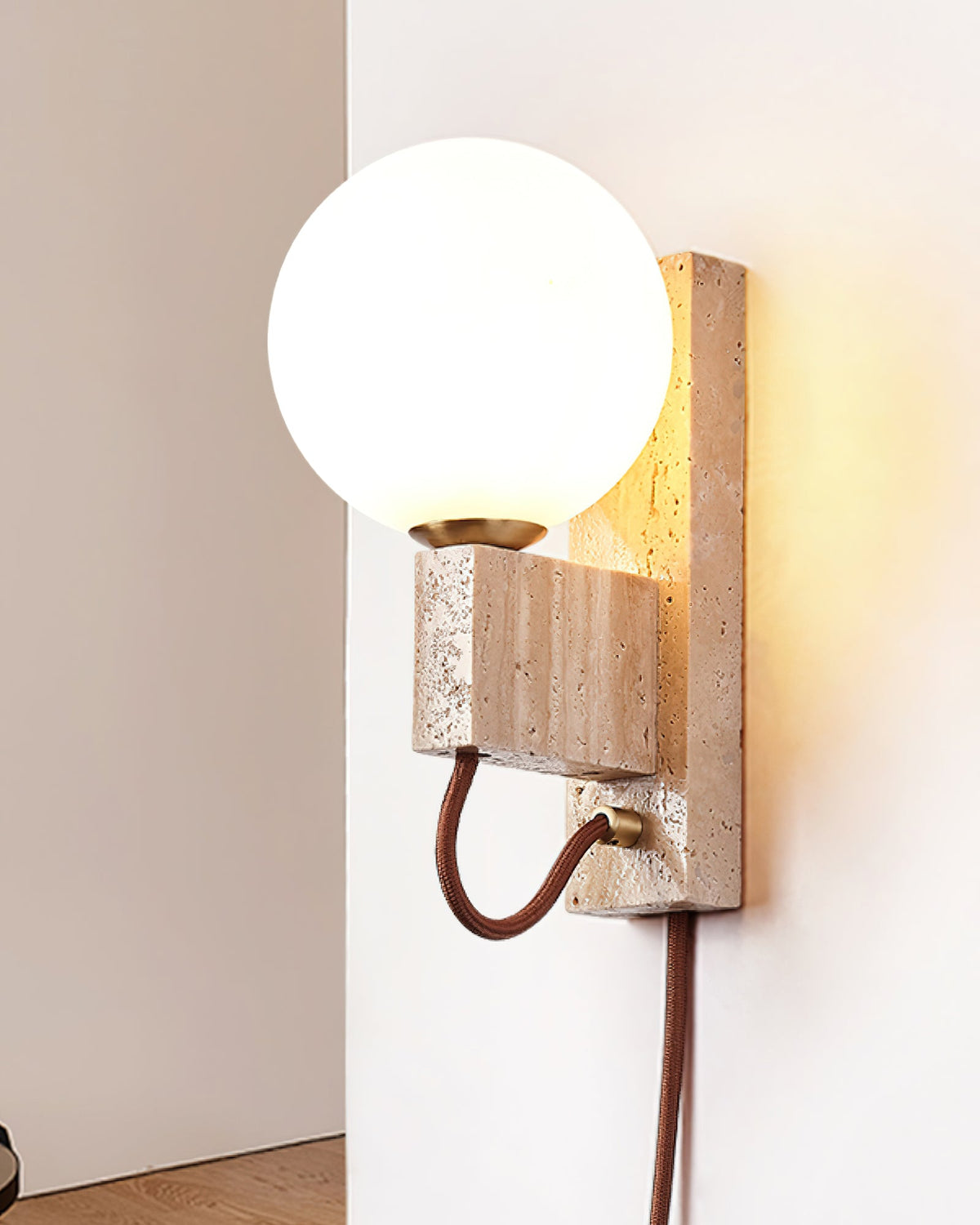 Atlas Globe Wall Sconce in Travertine and Opal Glass