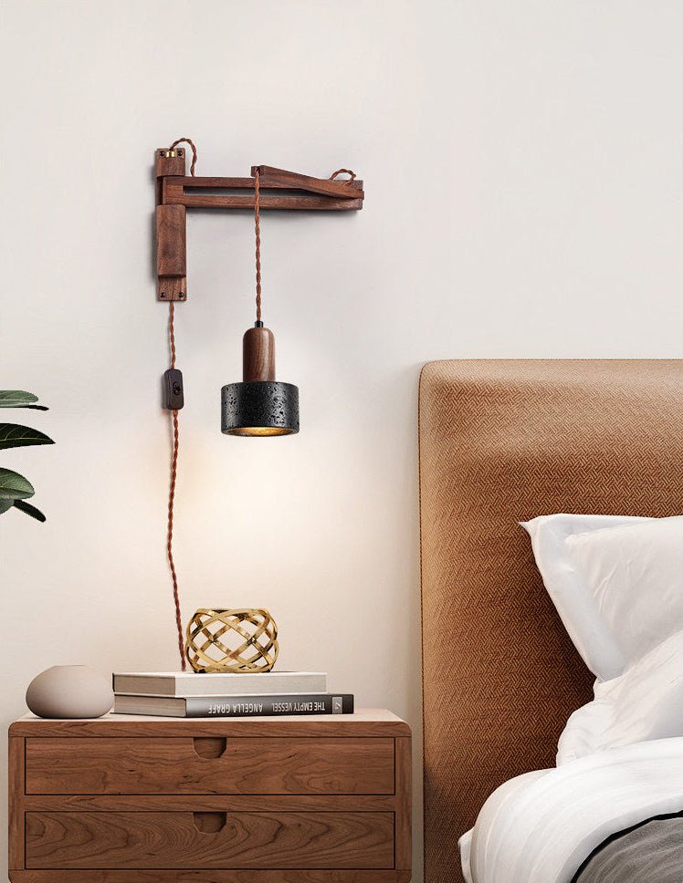 Walnut Swing Arm Wall Sconce with Black Travertine Shade