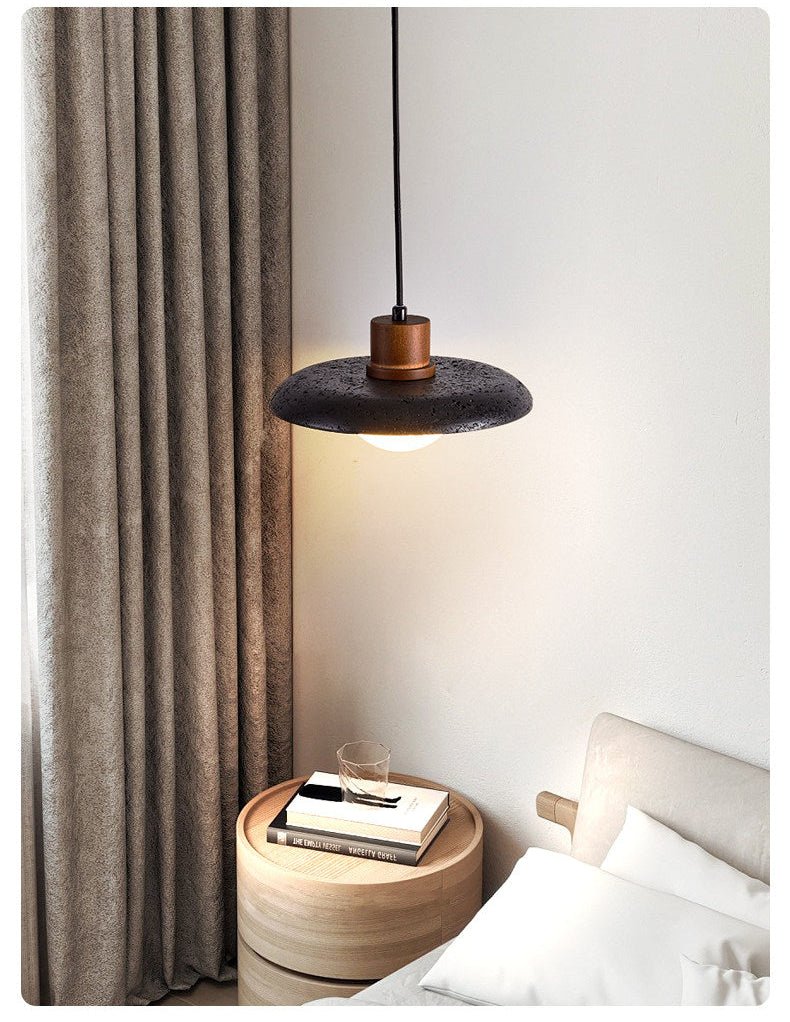 Pyra Stone Pendant Light – Black Travertine & Walnut LED Pendant