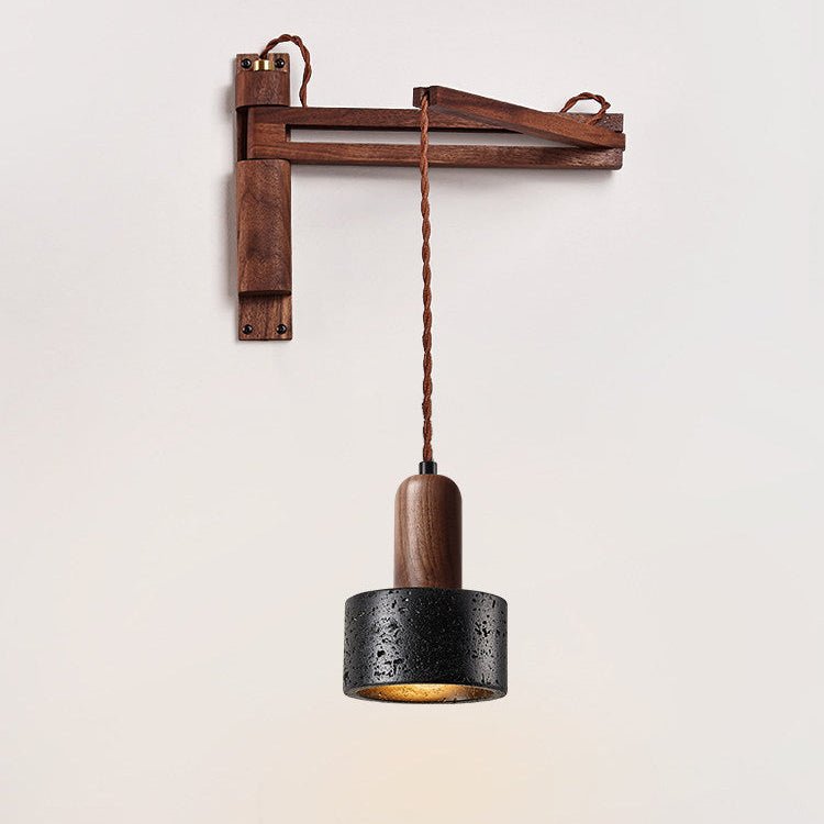 Swing Arm Wall Sconce in Black Travertine and Walnut