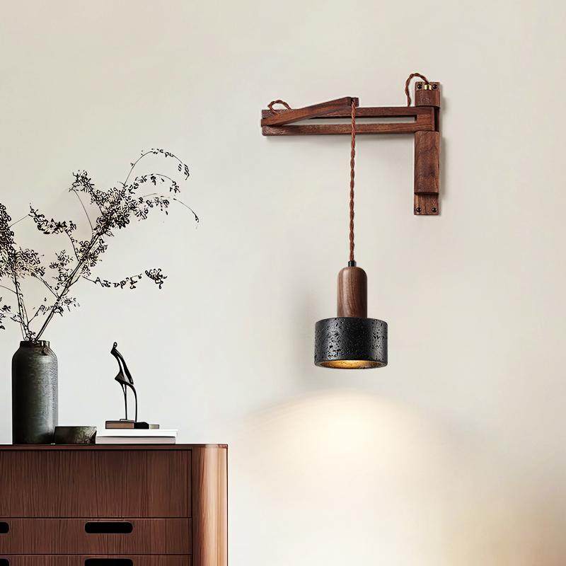 Swing Arm Wall Sconce in Black Travertine and Walnut