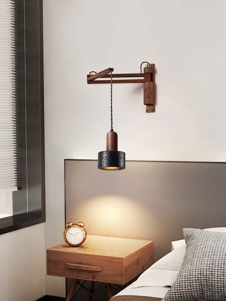 Swing Arm Wall Sconce in Black Travertine and Walnut