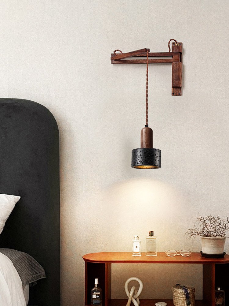 Swing Arm Wall Sconce in Black Travertine and Walnut