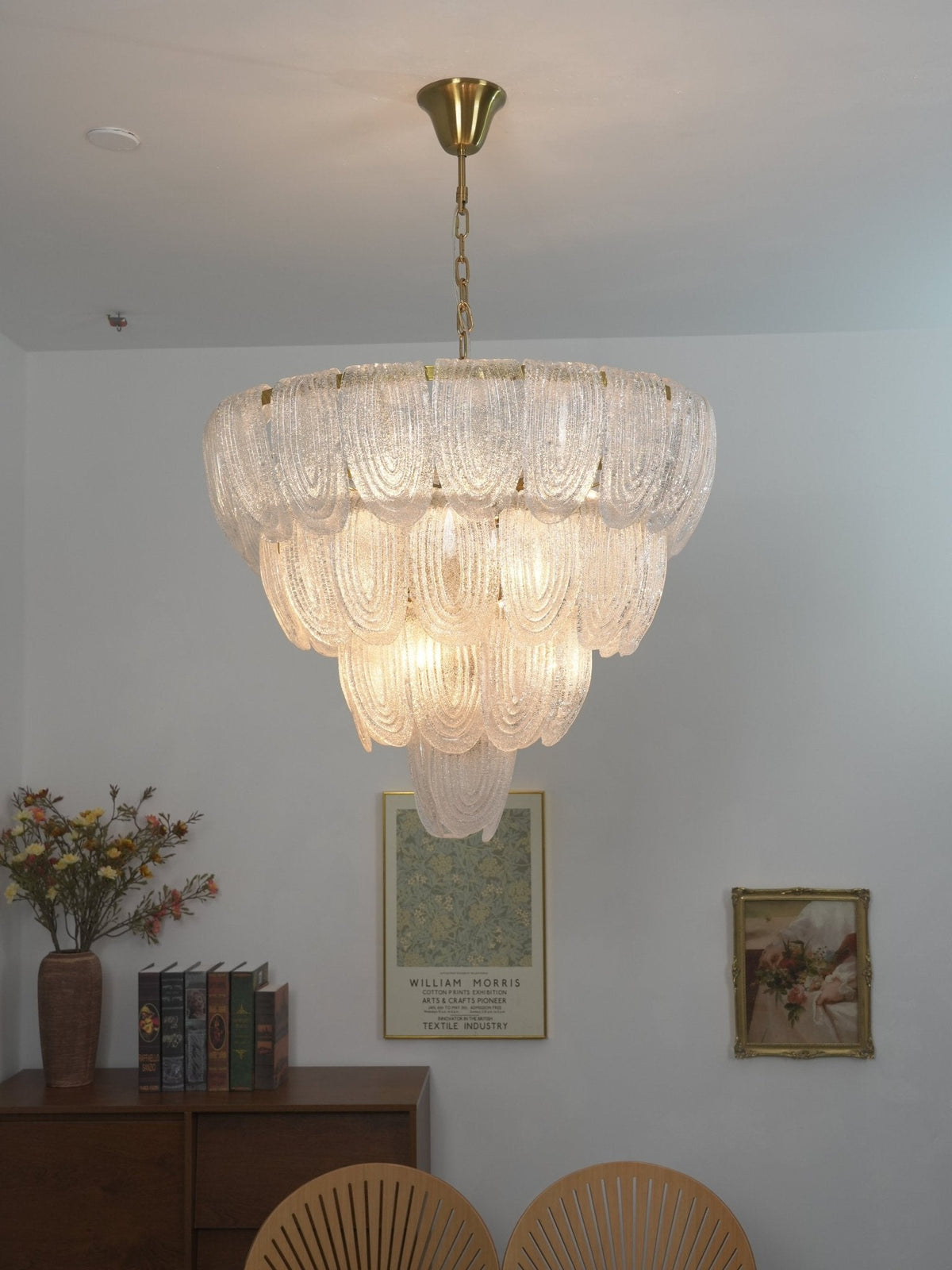 Layered Glass Petal Chandelier – Modern Brass & Glass Pendant Light for Dining Room and Living Room