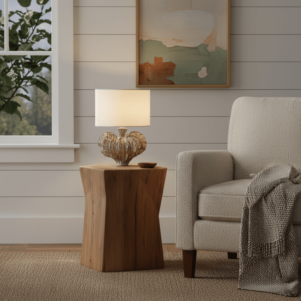 Leaf Ceramic Table Lamp with Fabric Shade for Bedroom and Living Room