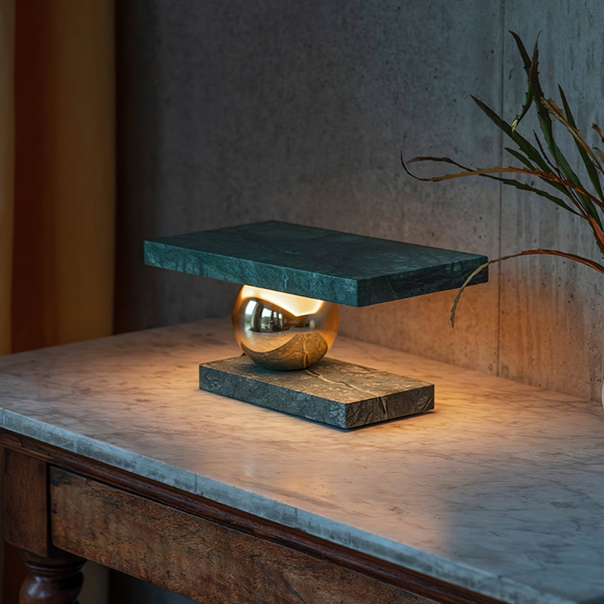 Levoro Stone Table Lamp with Green Marble and Gold Sphere