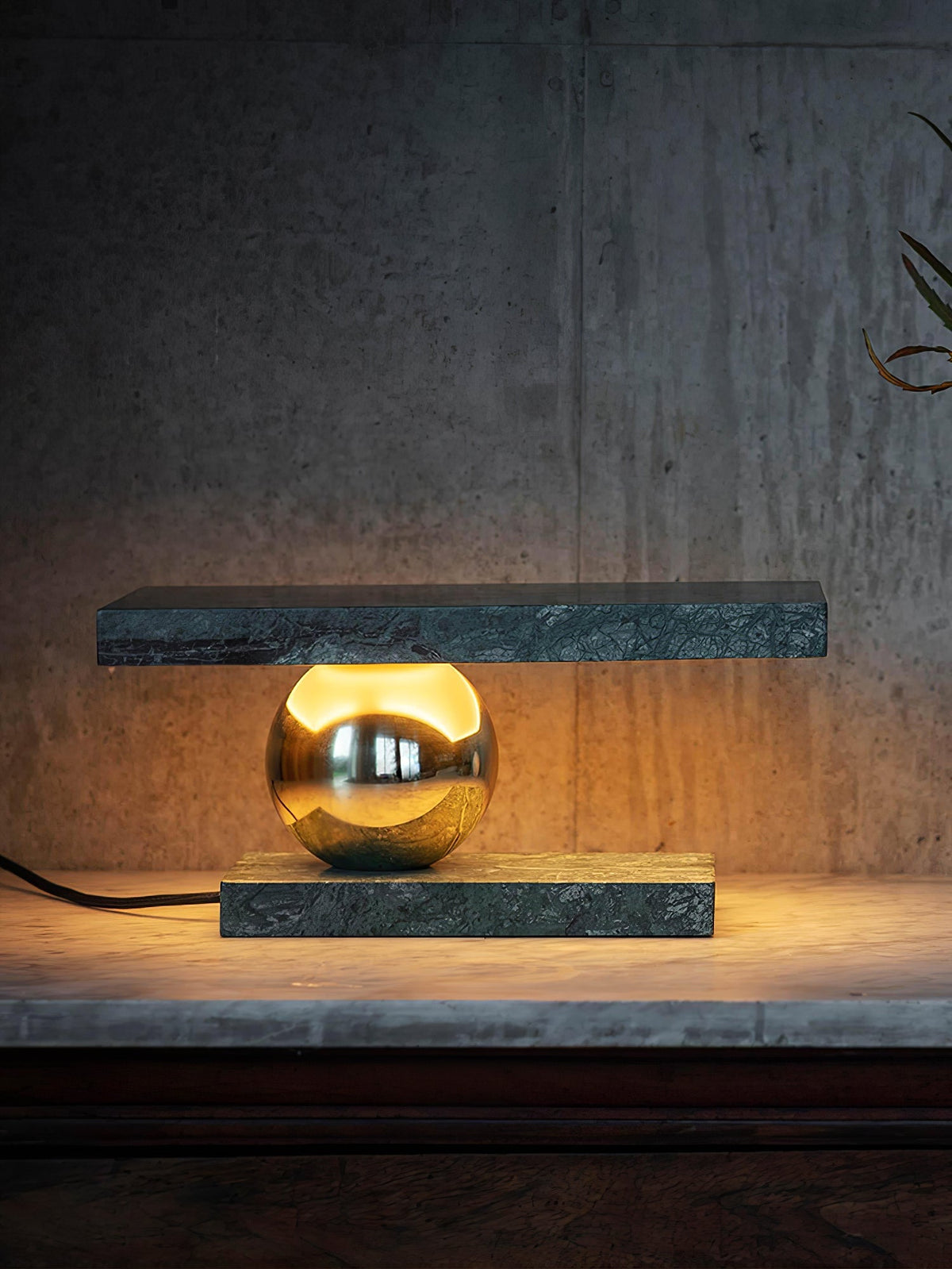 Levoro Stone Table Lamp with Green Marble and Gold Sphere