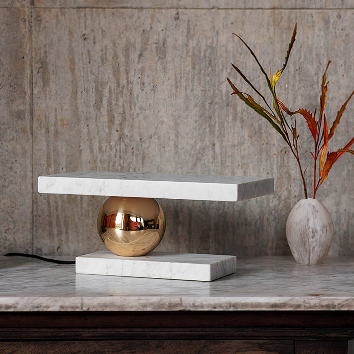 Levoro Stone Table Lamp with Green Marble and Gold Sphere